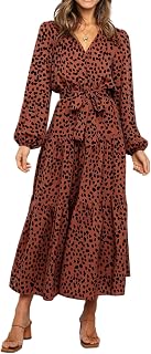 PRETTYGARDEN Women Boho Long Sleeve V Neck Leopard Print Ruffle Maxi Dress
