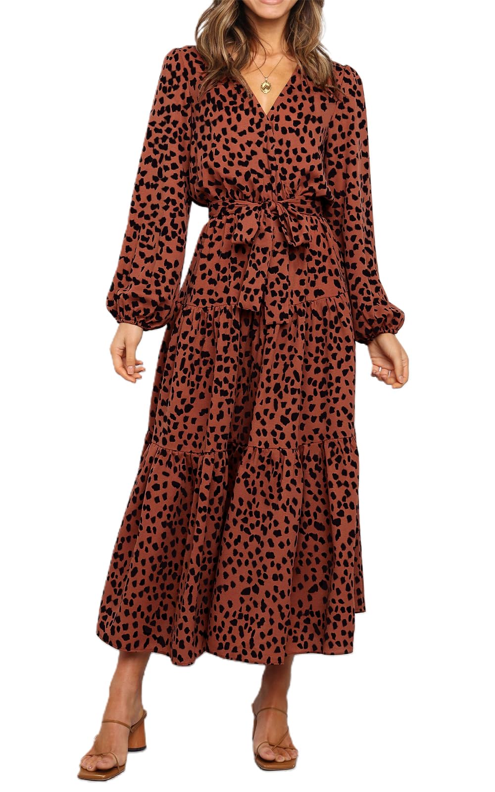 PRETTYGARDEN Women Boho Long Sleeve V Neck Leopard Print Ruffle Maxi Dress