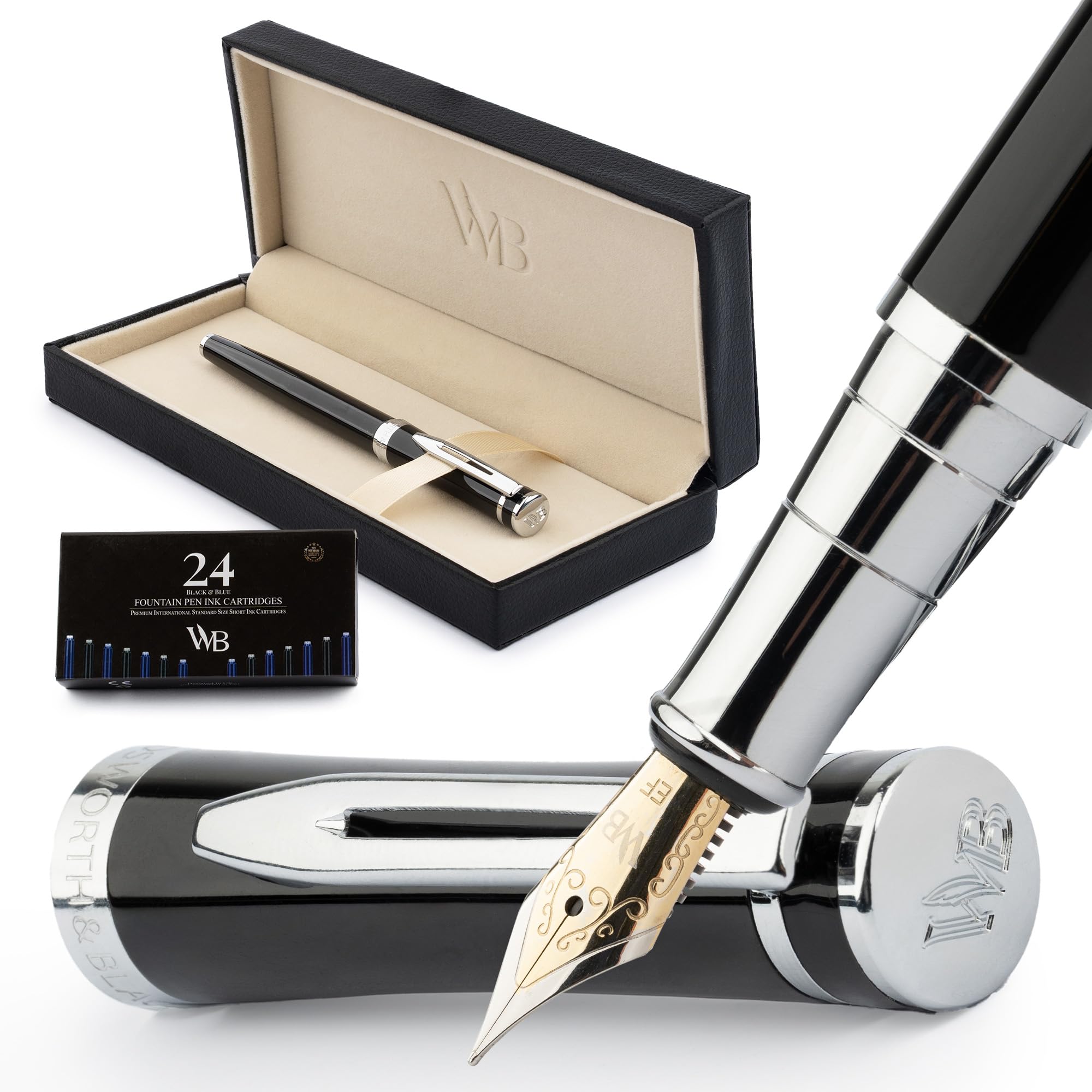 Wordsworth & Black Fountain Pen Set for Writing, Extra Fine Nib, Black