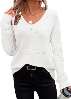 Zeagoo Women's Elegant Knitted Sweater V Neck Fall Crochet Sweater Long Sleeve Fashion Plain Casual Sweater Sizes S-XXL