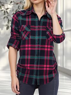 Women's Long Sleeve Flannel Plaid Button Down Shirts Casual Blouse