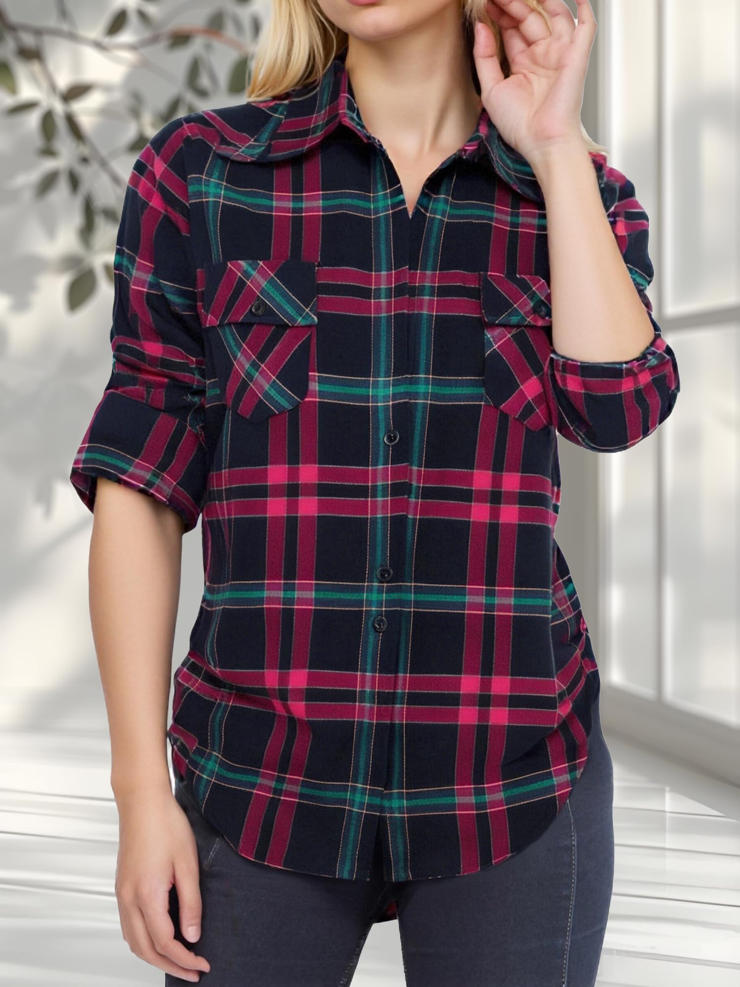 Women's Long Sleeve Flannel Plaid Button Down Shirts Casual Blouse