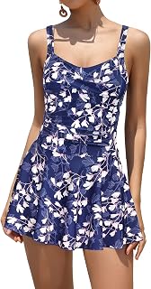 SHEKINI Women's One Piece Twist Front Skirt Swimwear Retro Padded Swim Dress with Shorts