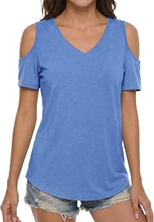 Buauty Womens Summer Trendy Shirts V Neck Criss Cross Cold Shoulder Tops Solid Color Fashion Casual Loose Sexy Blouse