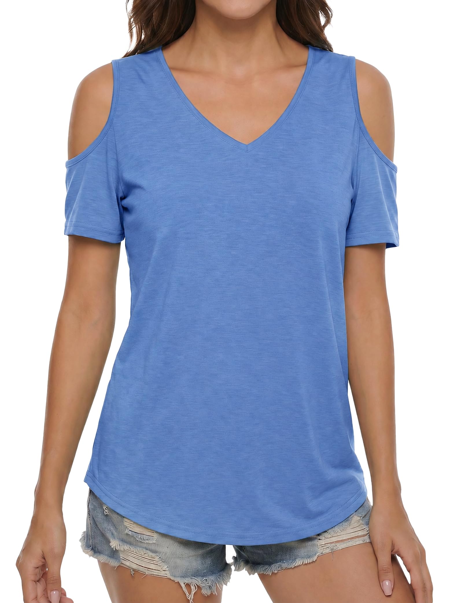 Buauty Womens Summer Trendy Shirts V Neck Criss Cross Cold Shoulder Tops Solid C