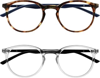 OPULIZE MET Blue Light Blocking Reading Glasses for Women Men, Slim Round Frame with Scratch Resistant and Spring Hinges, Computer Glasses with Anti-Reflective, Brown,Clear +2.5 (Pack of 2)