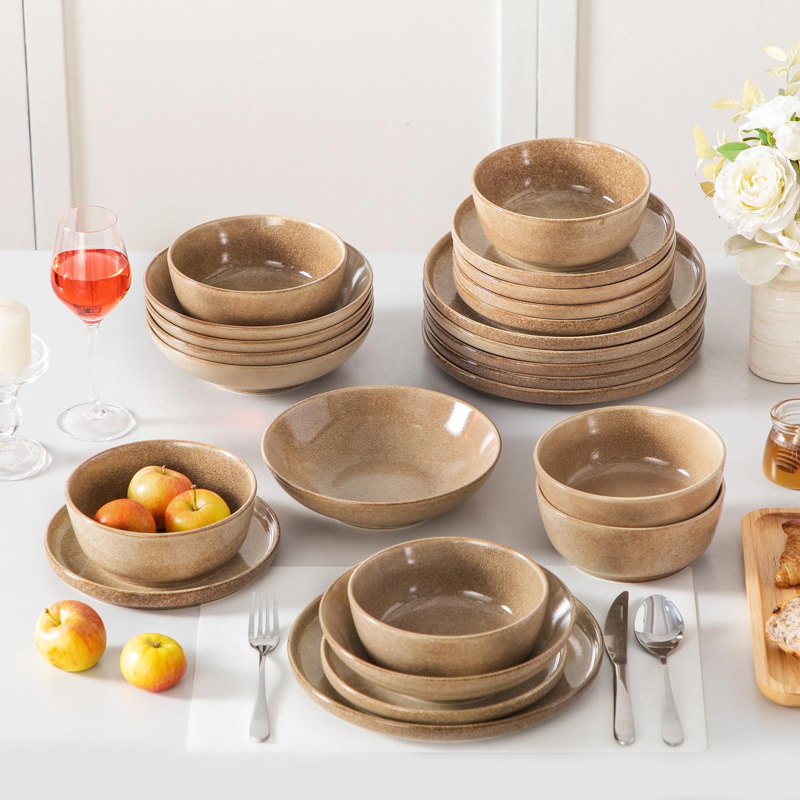 vancasso ANYA 24 Pieces Plates and Bowls Set, Caramel Dinnerware Sets, Reactive 