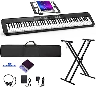 88 Key Piano Keyboard, Electric Digital Piano with Semi Weighted Keys, Keyboard Piano with Sustain Pedal, Power Supply, Stand, Carrying Case, Headphones, USB-MIDI Compatibility, for Beginner Adults