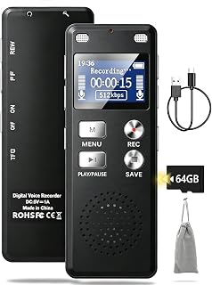 64GB Digital Voice Recorder, One-Touch Instant Recording, 3072Kbps HD Recording, A-B Repeat, Password Lock, MP3 Player for Students & Seniors, Lectures & Meetings