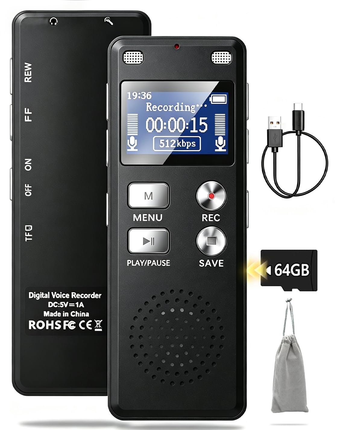 64GB Digital Voice Recorder, One-Touch Instant Recording, 3072Kbps HD Recording,
