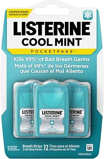 Listerine PocketPaks Breath Strips, Cool Mint, 24-Strip Pack, 3 Pack | Breath Freshener, Dissolves Instantly, Kills 99% of Bad Breath Germs, Travel Essentials