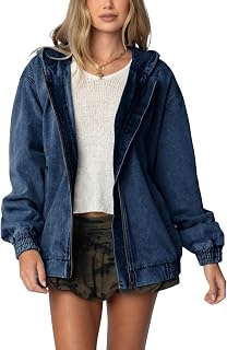 chouyatou Women's 2026 Spring Hooded Denim Jacket Zip Up Jean Hoodie Trench Coat Casual Loose Bomber Jacket