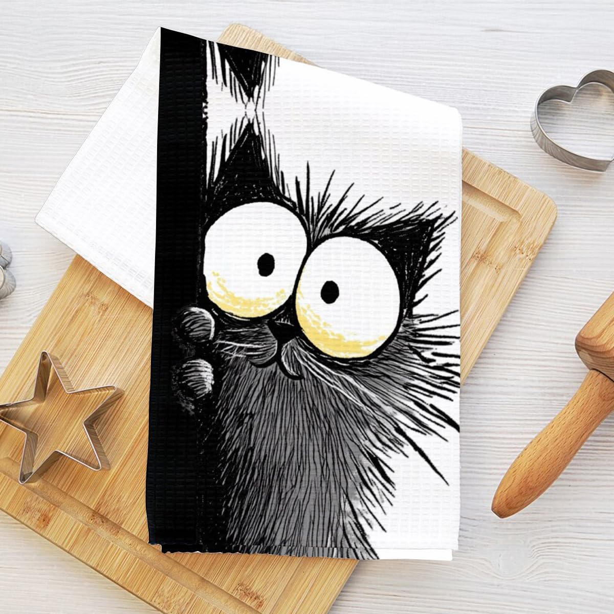 Cartoon Peeking Gray Cat Print Kitchen Towels, Reusable Absorbent Fast Drying Di