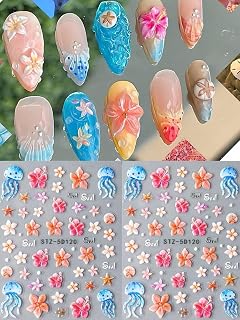 1 Sheet Pink Flower Design Nail Stickers for Women 5D Embossing Self Adhesive Purple Flower Nail Decal Summer Beach Nail Decoration Accessories Gift