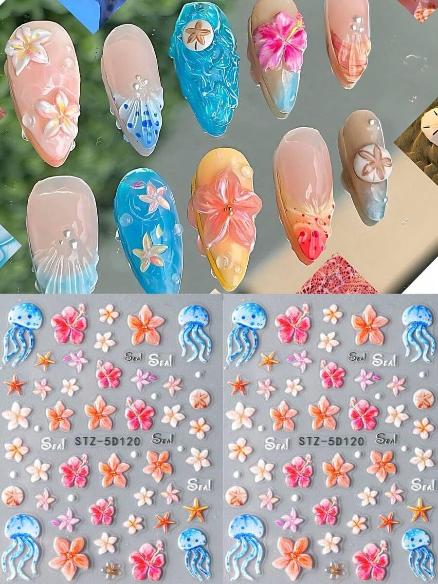 1 Sheet Pink Flower Design Nail Stickers for Women 5D Embossing Self Adhesive Pu