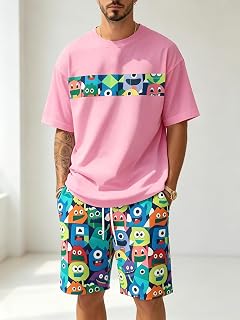 Men's Summer Cartoon Monster Print Short Sleeve T-Shirt and Shorts 2 Piece Set