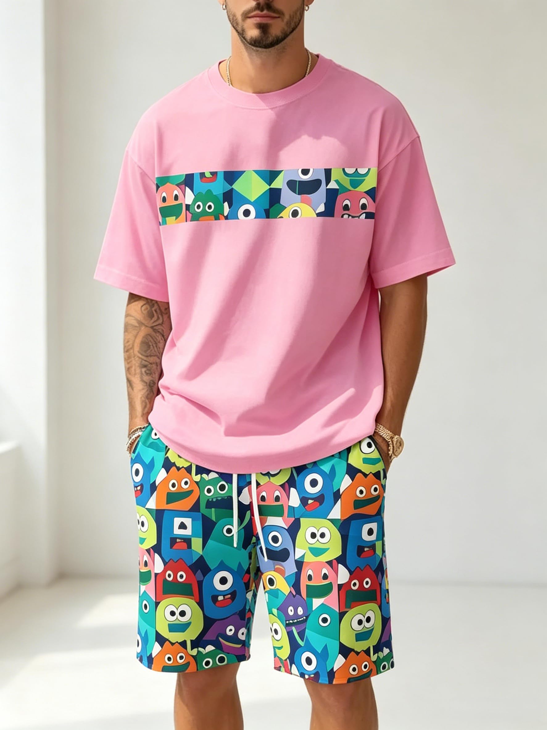 Men's Summer Cartoon Monster Print Short Sleeve T-Shirt and Shorts 2 Piece Set