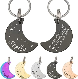 Anavia Starry Sky Theme Pet ID Tags in Half Moon & Star Shape, Personalized Dog Name Tag Cat Tag, Glossy Stainless Steel Gold Plated Black Rainbow Dog Collar Tag (Small, Moon Shape, Black)