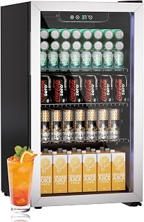 Erivess Compact Beverage Refrigerator, 126 Can/3.2 Cu Ft Mini Fridge,Silver | Adjustable Shelves & Digital Display Small Refrigerator for Soda, Under Counter Freestanding Glass Door Mini Cooler for Home