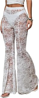 Verdusa Women's Sheer Lace High Waist Flared Leg Pants Bell Bottom Lightweight Summer Outfit