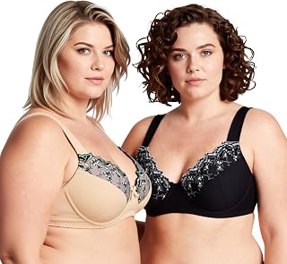 Curve Muse Women's Plus Size Minimiser Underwired Bra with Lace Embroidery - Pack of 2