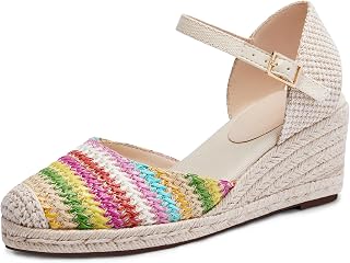 Coutgo Womens Platform Wedge Sandals Espadrilles Raffia Closed Toe Heels Ankle Buckle Strap Summer Beach Shoes