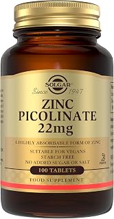 Solgar Zinc Picolinate 22 mg, High Absorption Supplement, 100 Vegan Tablets | Zinc Supplement Tablets Are For Healthy Skin, Hair And Nails, Cognitive Function And Immune System Health Support