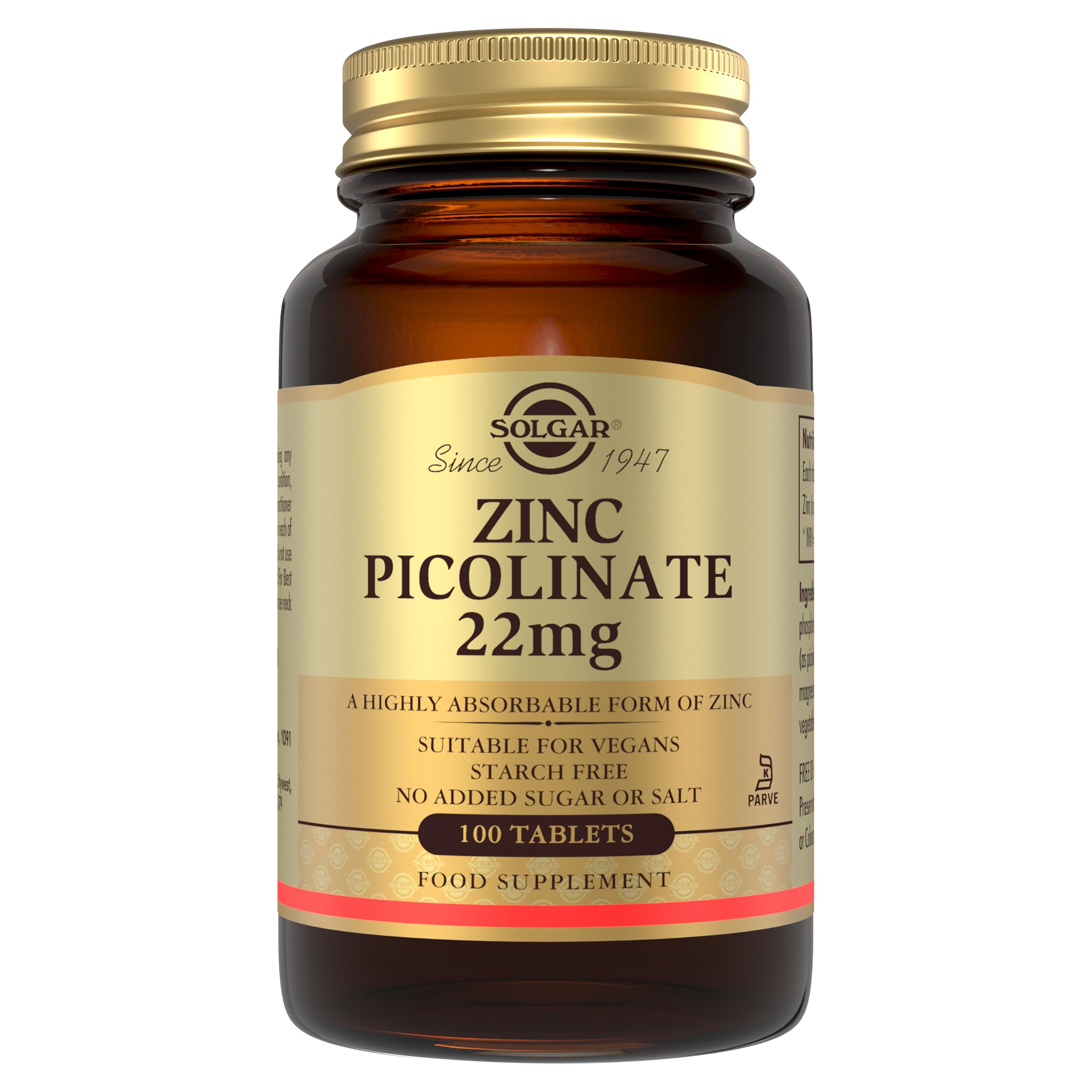 Solgar Zinc Picolinate 22 mg, High Absorption Supplement, 100 Vegan Tablets | Zi