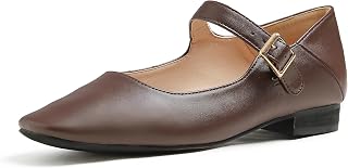 Feversole Women's Square Toe Mary Jane Fashion, Square Toe Easy Buckle Low Heel Slip On Flats in Vegan Leather