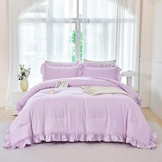 ANGIYUIN 5 Pieces Purple Comforter Set Queen Size Ruffled Bedding Sets for Girls Women Boho Farmhouse Bed Sets Solid Color Soft Bed in A Bag with Sheets(Purple Queen)