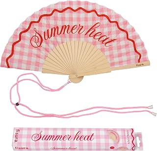 Fisura Original fan with message "Summer heat" - Modern and colourful wooden fan - pink chequered hand fan - hanger included - funny gift idea - 42.5 x 23 cm