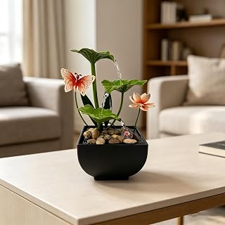 OMRAYTU Tabletop Fountain, Indoor Waterfall Fountain, Home Décor Zen Relaxation Soothing Sound Machine for Office, Living Room, or Bedroom,Green Metal Lotus with Flower, River Rocks, LED (Green)
