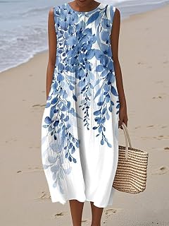 Summer Dresses for Women, Crewneck Maxi Dress, Casual Sleeveless Floral Print Long Sundress, Vacation Outfits