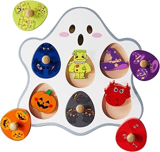 Halloween Toys for Toddlers 2-4, Ghost Wooden Peg Puzzle, Montessori Toy | 6-Piece Color & Shape Cute Matching Puzzles, Fine Motor Skills, Halloween Learning Gifts for Boy & Girl Boo Basket Stuffers
