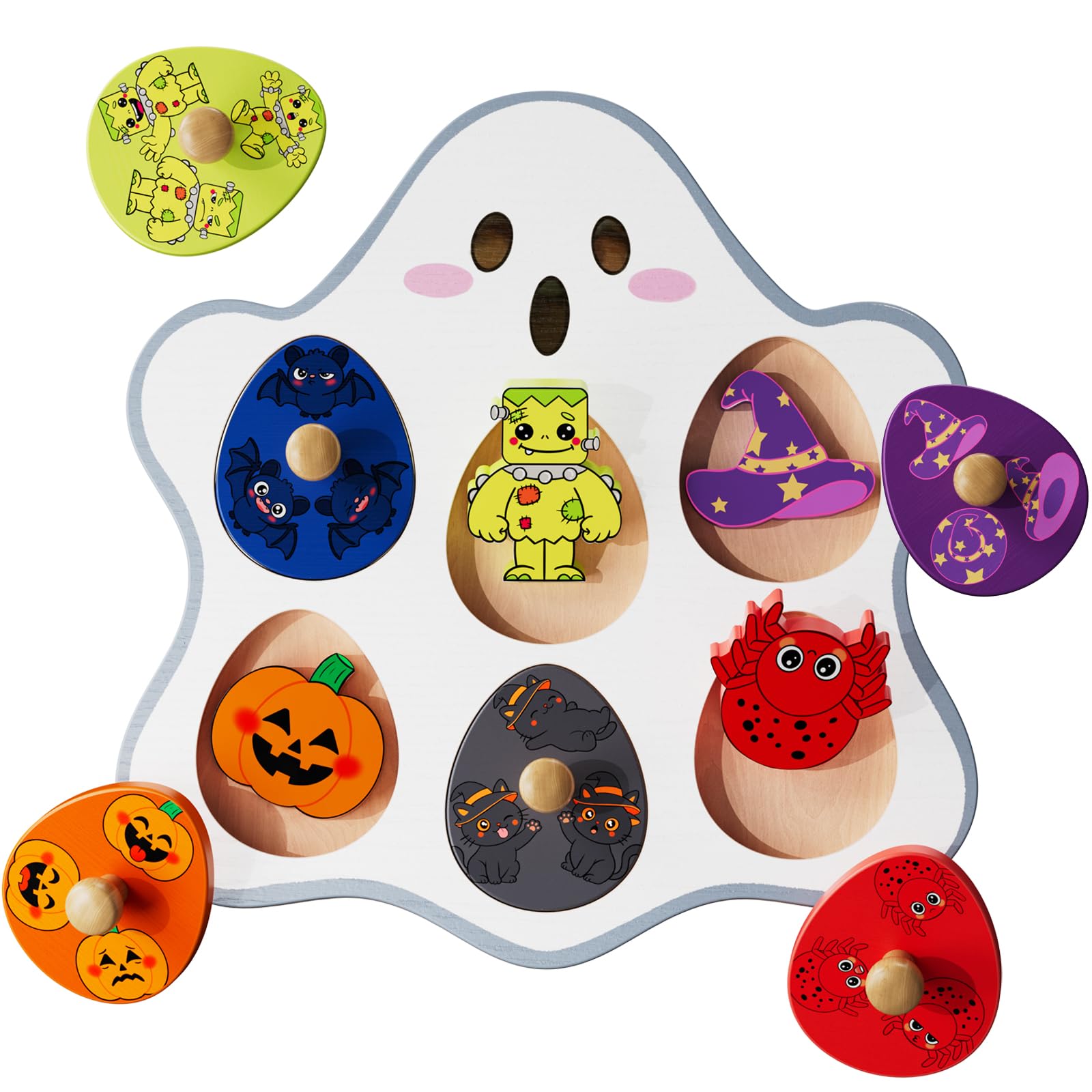 Halloween Toys for Toddlers 2-4, Ghost Wooden Peg Puzzle, Montessori Toy | 6-Pie