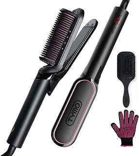 TYMO FLIPRO 2-in-1 Hair Straightener Brush & Flat Iron with 200M Negative Ions, Dual Voltage Anti-Scald Hot Comb, Frizz-Free Smooth & Shiny Hair, Less Heat Damage, Multi-Purpose Styler, Black