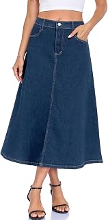 Denim Skirt for Women Strechy High Wasited A Line Casual Midi Jean Skirts with Pockets