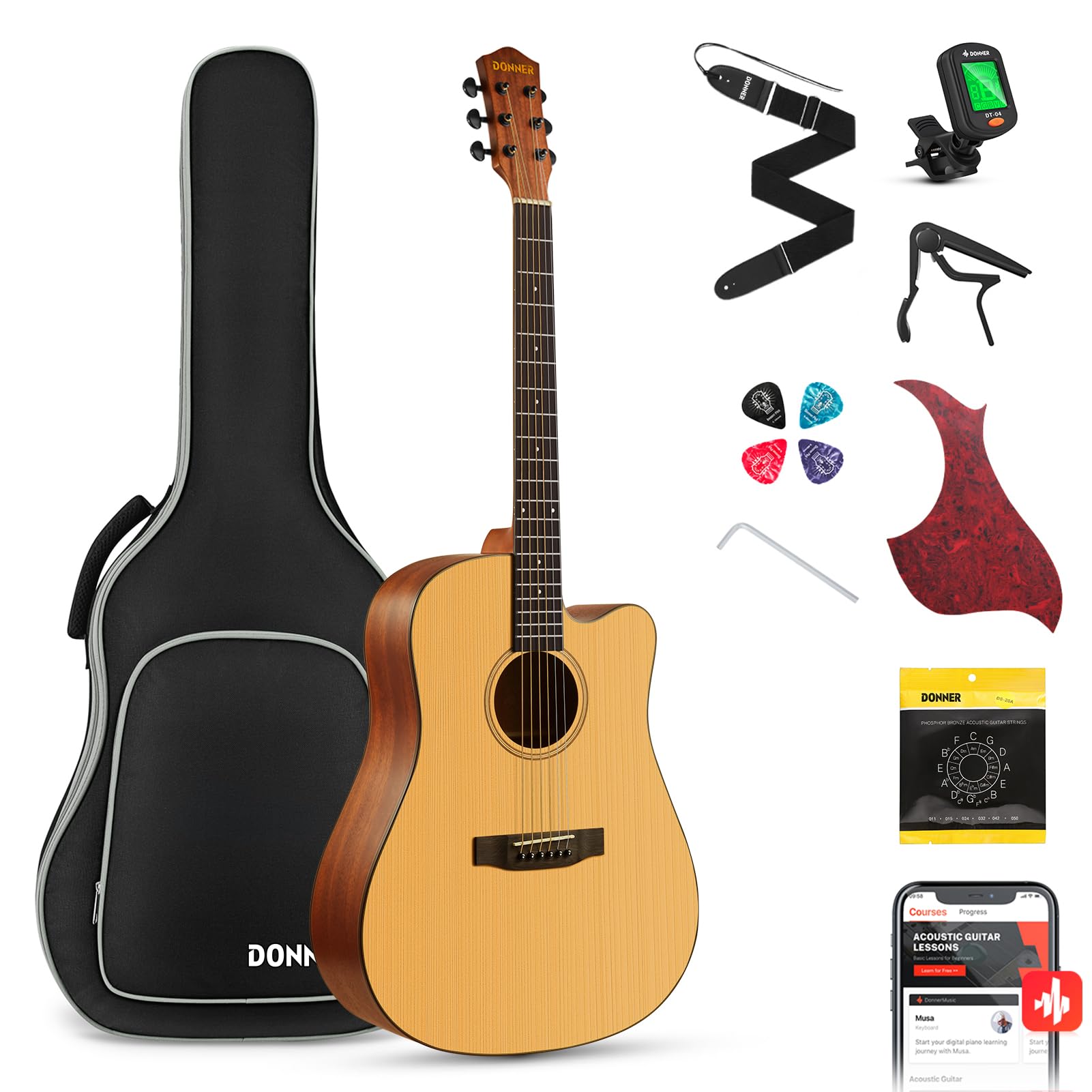 Donner 41” Acoustic Guitar Bundle for Beginners Adults with Online Lesson, 4/4 F