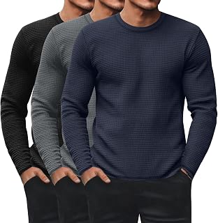 Ficerd Pack of 3 Men's Thermal Sweaters Waffle Long Sleeve Crew Neck Thermal Underwear Casual Pullover