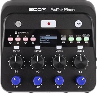 Zoom PodTrak P4next Podcast Recorder, Battery Powered, 4 Microphone Inputs, 4 Headphone Outputs, AI Noise Reduction, Tone & COMP Effects, Phone Input, Sound Pads, Record to SD, Audio Interface Mode