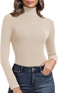 PALINDA Women's Ribbed Turtleneck Fitted Long Sleeve Shirts Basic Thermal Layering Tops