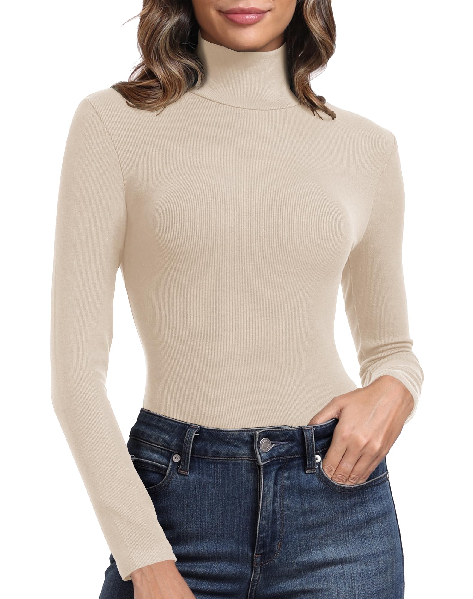 PALINDA Women's Ribbed Turtleneck Fitted Long Sleeve Shirts Basic Thermal Layeri
