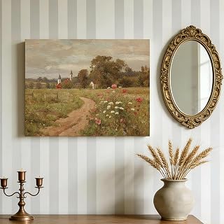 Canvas Wall Art, Road to Village Painting Impressionist Pastoral Field Flowers Print Vintage Farmhouse Wall Decor Ready to Hang Tabletop Display 8x10