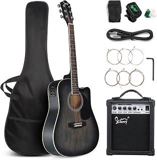 GLARRY Full Size 6 Strings Acoustic Electric Guitar Beginner Kit w/ 15W Amp, Cutaway 41 Inch Electric Acoustic Guitar w/Inbuilt Tuner, Bag, Strap, Picks, Strings, Basswood Guitarra, Distressed Black