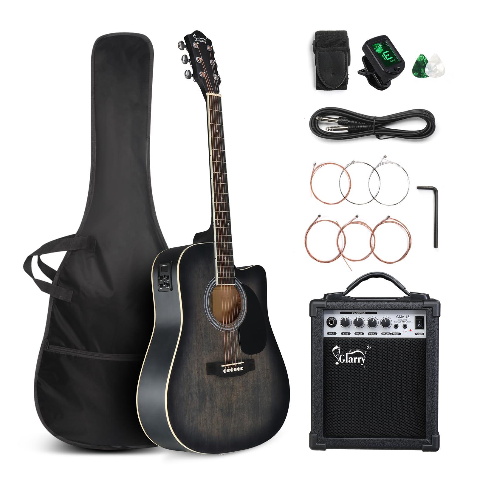 GLARRY Full Size 6 Strings Acoustic Electric Guitar Beginner Kit w/ 15W Amp, Cut
