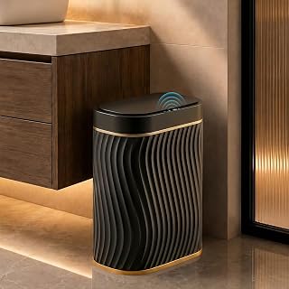5 Gallon Automatic Bathroom Trash Can with Touchless Lid,Black Gold | Motion Sensor Trash Can with Slim Waterproof Body; Small Plastic Garbage Can, hands-free lid for Bedroom, office, and kitchen