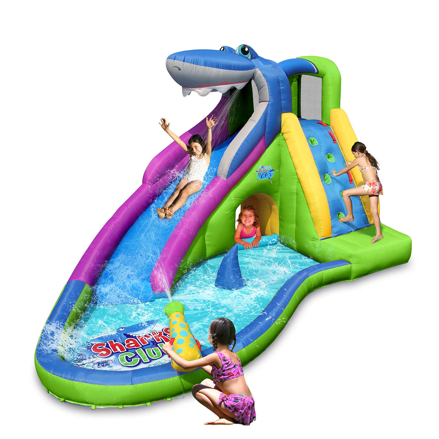 ACTION AIR Inflatable Water Slide, Shark Bounce House with Slide for Wet and Dry