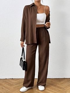 2 Piece Outfits for Women Casual Long Sleeve Button Down Shirt and Wide Leg Pants Tracksuit Set