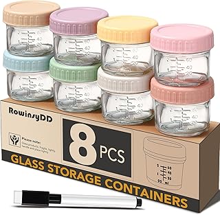 RowinsyDD Baby Food Containers, 4 oz, 8 Pack, Glass Jars with Lids | Baby Food Storage Containers Small Baby Food Jars Glass with Lids Baby Food Containers for Freezer Microwave Safe BPA Free