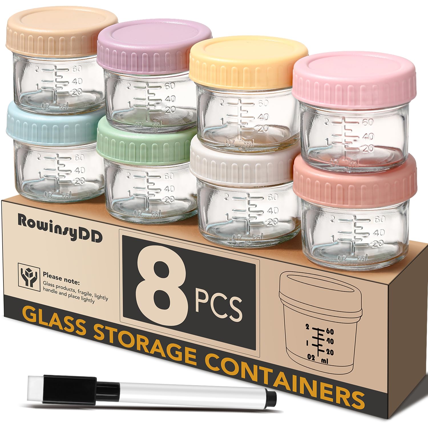 RowinsyDD Baby Food Containers, 4 oz, 8 Pack, Glass Jars with Lids | Baby Food S